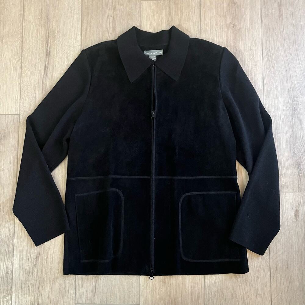 Jessica Holbrook Women's Black Leather & Merino Wool Zip Up Jacket Size M